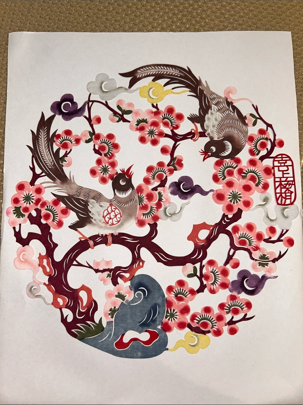 Pink Blossoms and Birds Jianzhi Chinese Paper Cutting Art